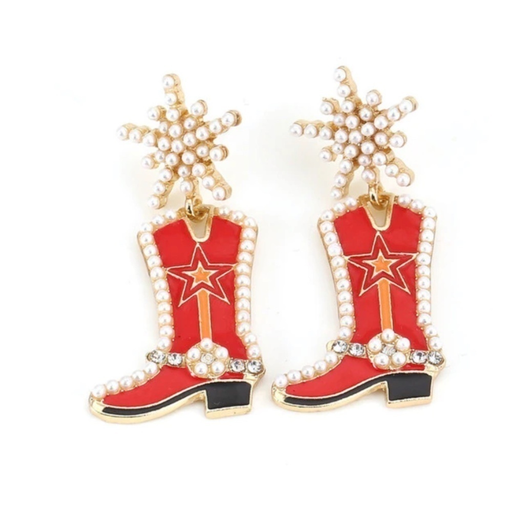 NEW! Red Cowgirl Boots Pearl‎ Embellished Rhinestone Western Bling Glam Earrings